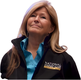 Cynthia Gallagher consulting on a stained glass project