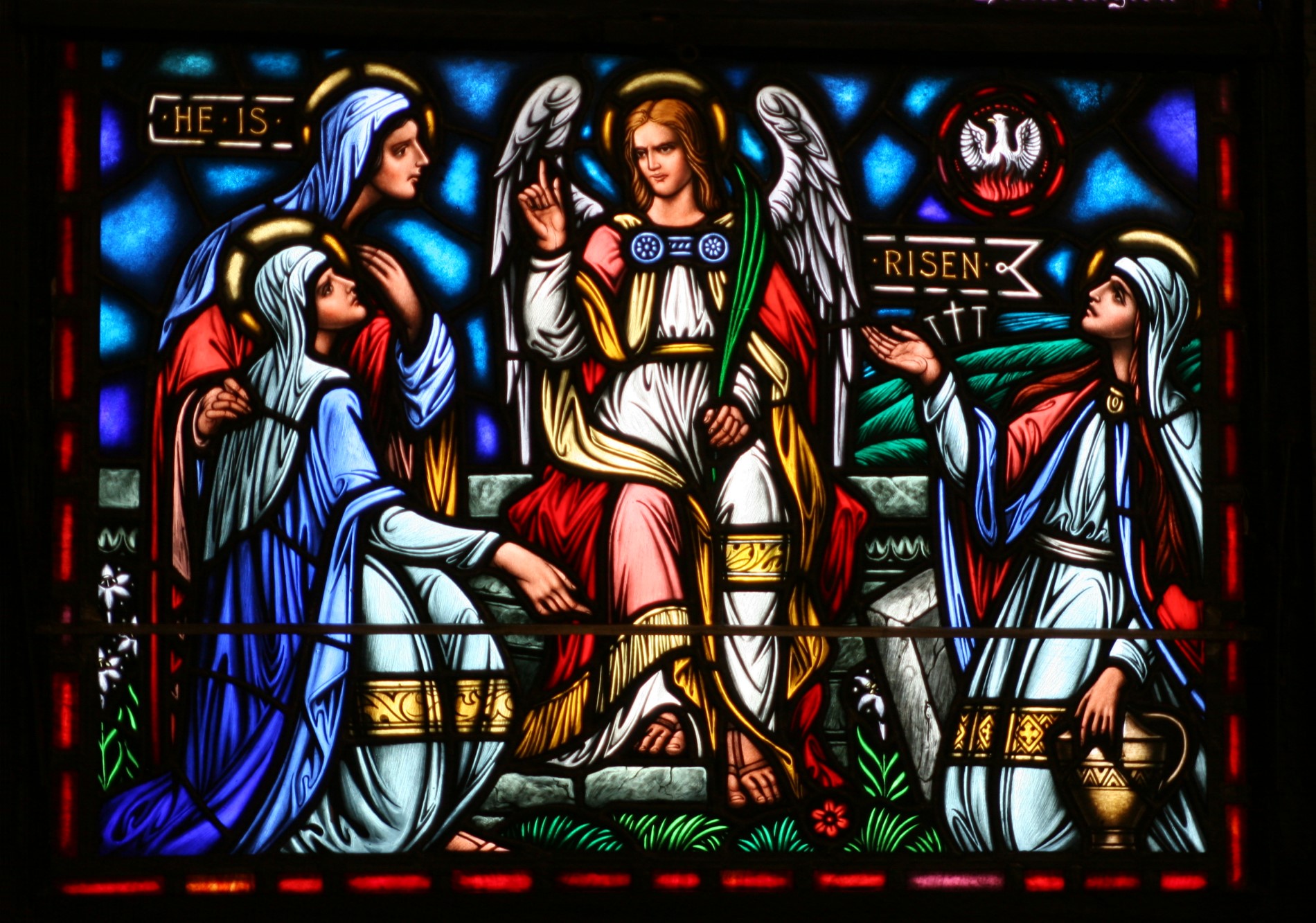 High-resolution photographic documentation of a stained glass window — He Is Risen scene